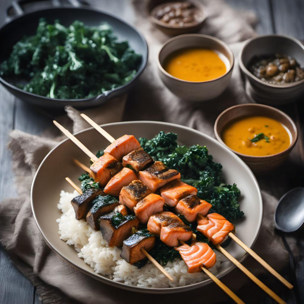 Brochetas de salmón con kale, arroz y curry de portobello