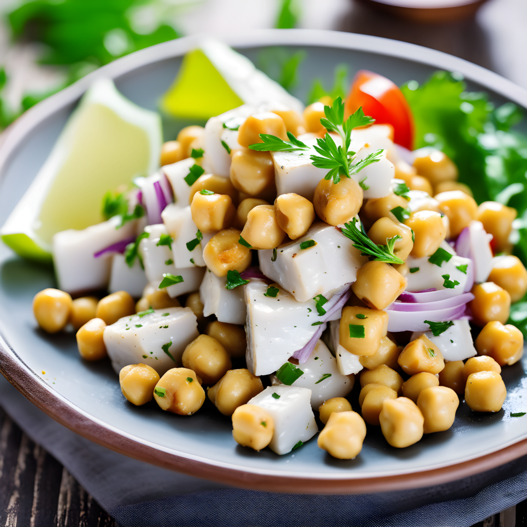 Ensalada de garbanzos y rape con mayonesa de tahine
