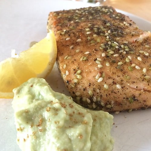 Za’atar-crusted salmon with an avocado hummus.