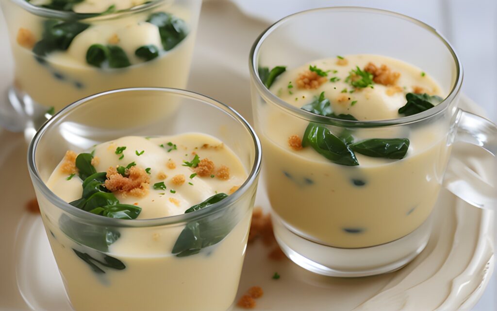 Vasitos de crema de garbanzos con bacalao y espinacas