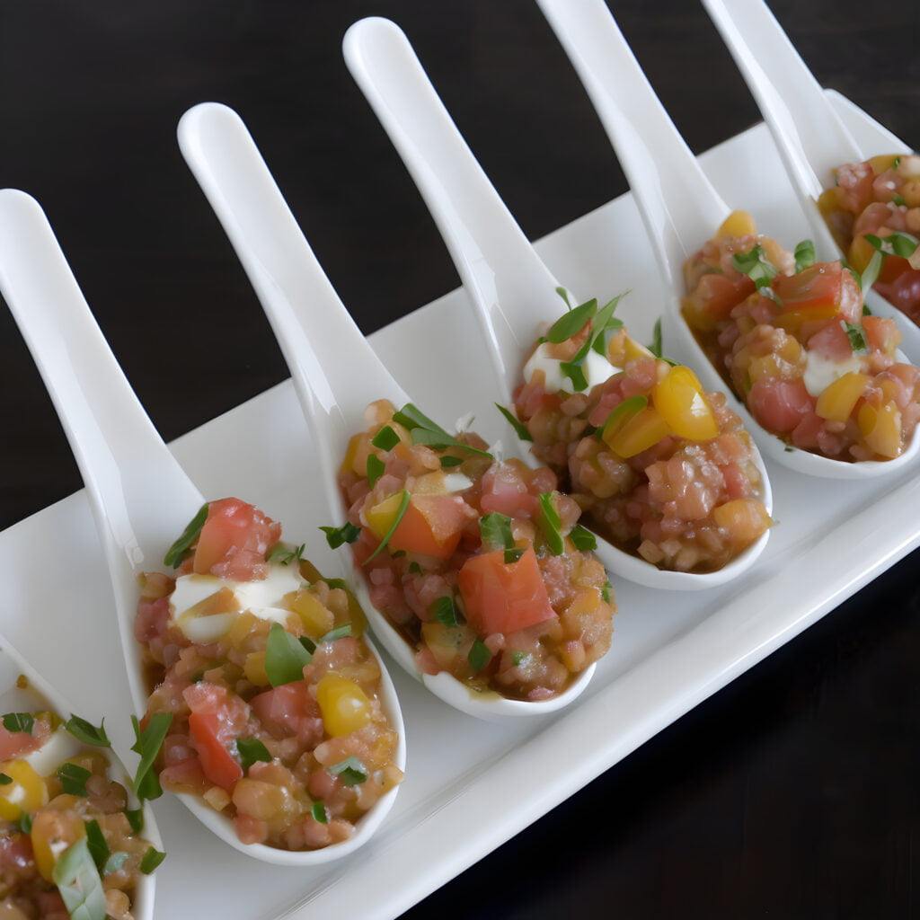 Tartar de tomate con mozzarella en cucharilla japonesa