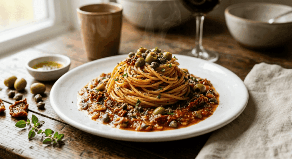 Espaguetis con salsa de tomate, alcaparras y aceitunas
