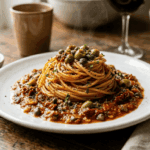 Espaguetis con salsa de tomate, alcaparras y aceitunas en la Thermomix