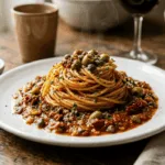 Espaguetis con salsa de tomate, alcaparras y aceitunas en la Thermomix